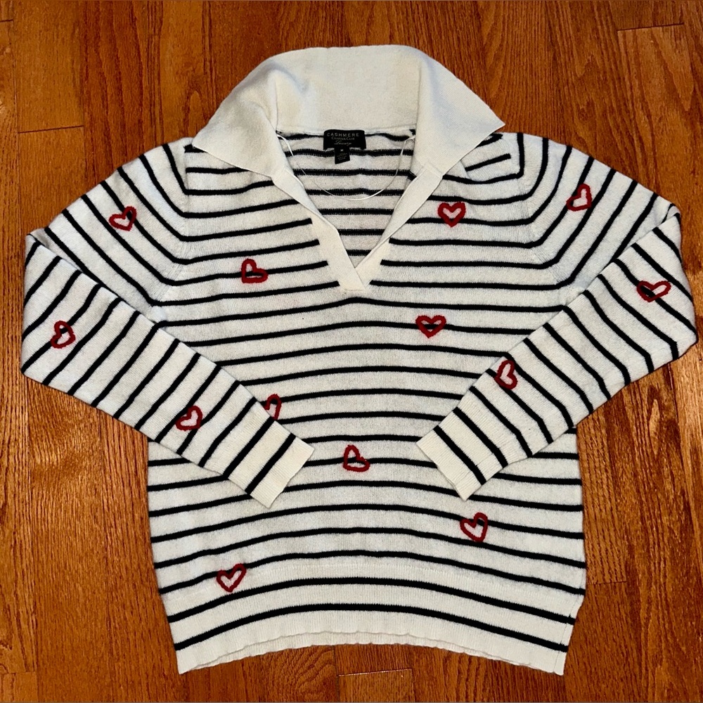 Charter Club Women's Cashmere Striped Heart-Embroidered Polo Sweater - M